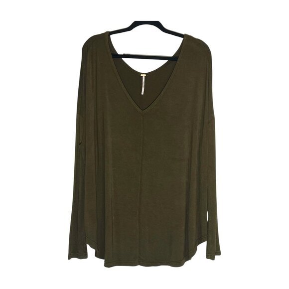 Free People Moonshine Long Sleeve Top Oversized V-neck Raw Edges Olive Medium - Picture 1 of 12